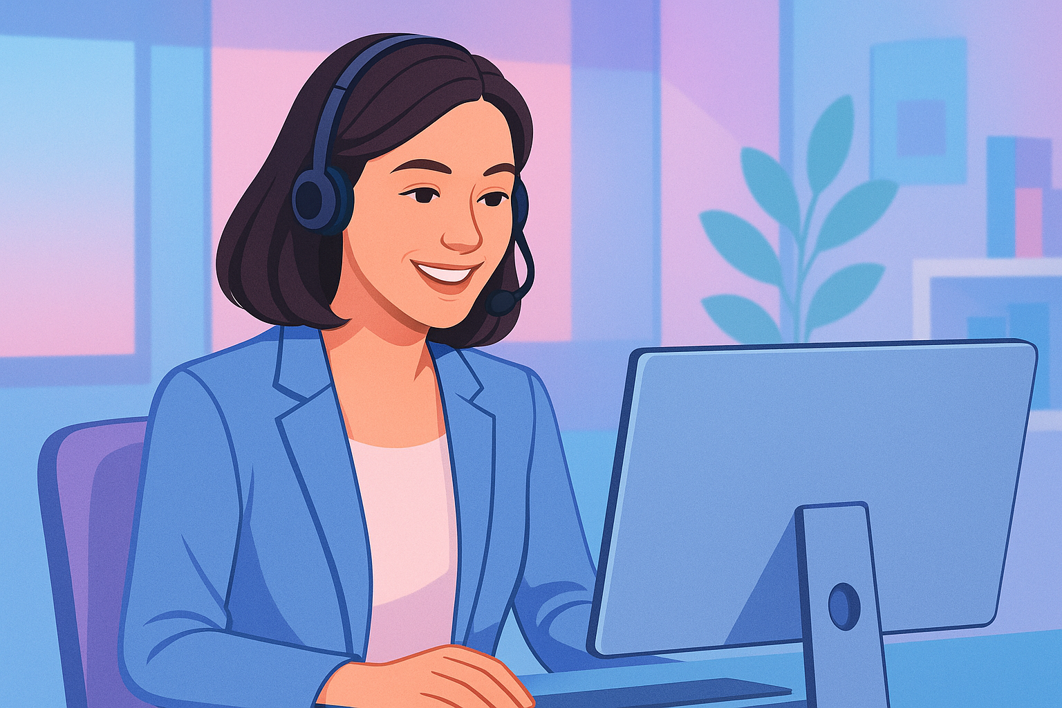 Necesitas ayuda? podría ser una mujer atendiendo un call center, con los tonos de colores de mi logo porfavor, azul, lila, rosa y celeste